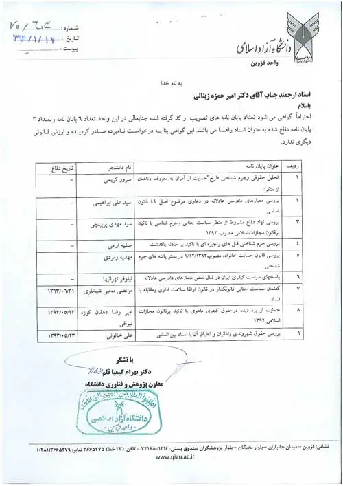 گواهی تدریس دانشگاه آزاد واحد قزوین